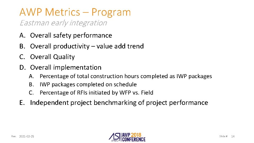 AWP Metrics – Program Eastman early integration A. B. C. D. Overall safety performance