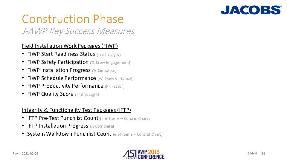 Construction Phase J-AWP Key Success Measures Field Installation Work Packages (FIWP) • FIWP Start