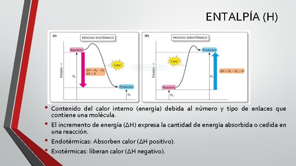 ENTALPÍA (H) • • Contenido del calor interno (energía) debida al número y tipo