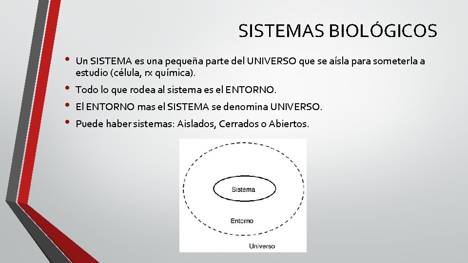 SISTEMAS BIOLÓGICOS • • Un SISTEMA es una pequeña parte del UNIVERSO que se