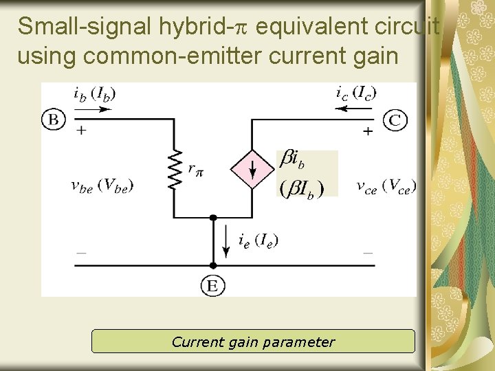 Small-signal hybrid- equivalent circuit using common-emitter current gain Current gain parameter Small-signal hybrid- equivalent circuit using common-emitter current gain Current gain parameter