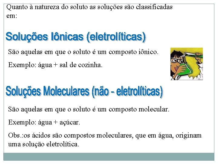 Quanto à natureza do soluto as soluções são classificadas em: São aquelas em que