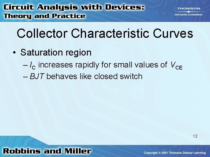 Collector Characteristic Curves • Saturation region – IC increases rapidly for small values of Collector Characteristic Curves • Saturation region – IC increases rapidly for small values of