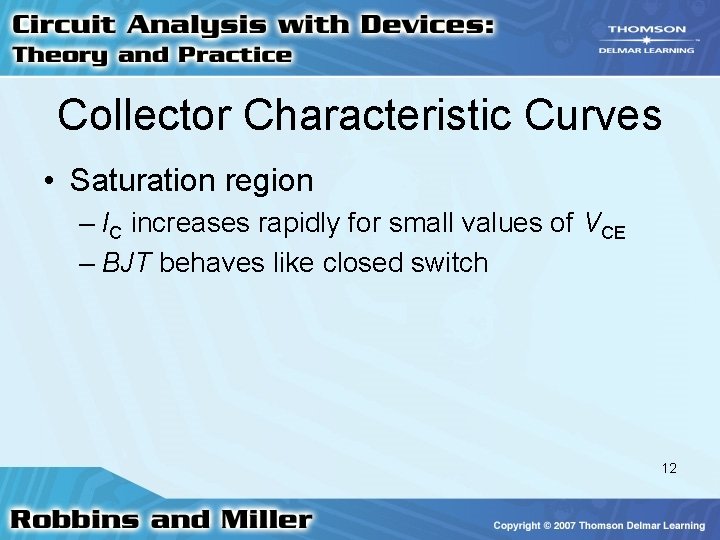 Collector Characteristic Curves • Saturation region – IC increases rapidly for small values of