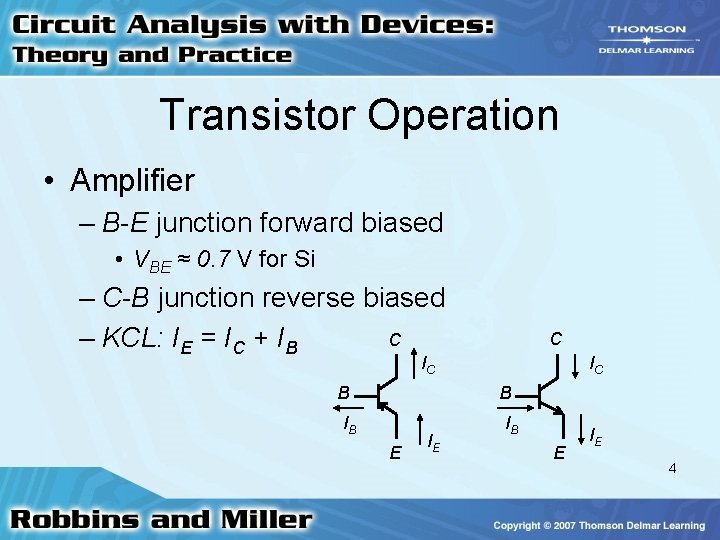 Transistor Operation • Amplifier – B-E junction forward biased • VBE ≈ 0. 7