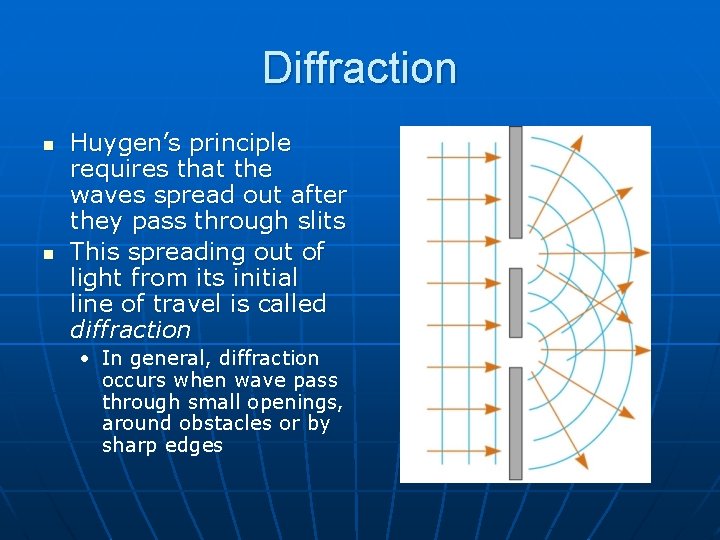 Diffraction n n Huygen’s principle requires that the waves spread out after they pass