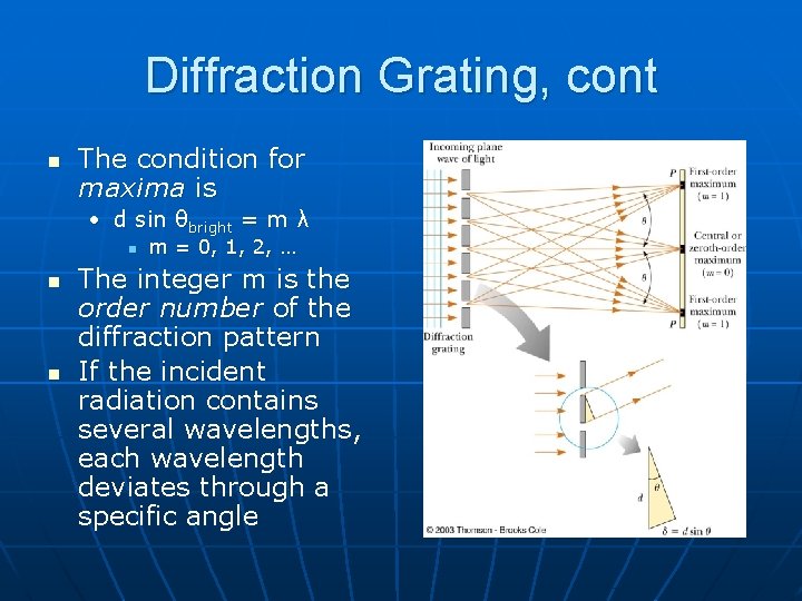 Diffraction Grating, cont n The condition for maxima is • d sin θbright =