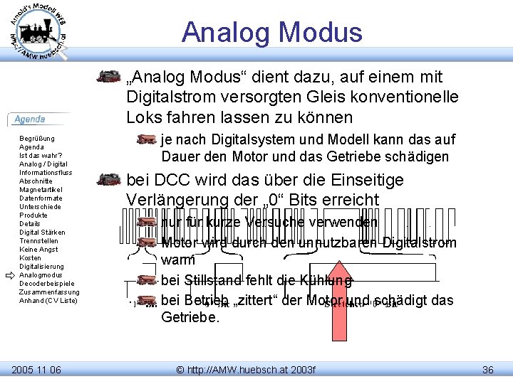Analog Modus „Analog Modus“ dient dazu, auf einem mit Digitalstrom versorgten Gleis konventionelle Loks