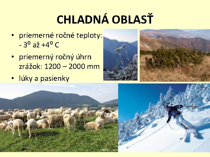 CHLADNÁ OBLASŤ • priemerné ročné teploty: - 3⁰ až +4⁰ C • priemerný ročný