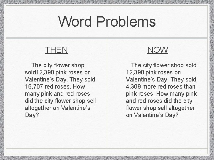 Word Problems THEN The city flower shop sold 12, 398 pink roses on Valentine’s