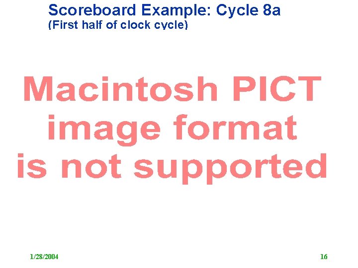 Scoreboard Example: Cycle 8 a (First half of clock cycle) 1/28/2004 16 