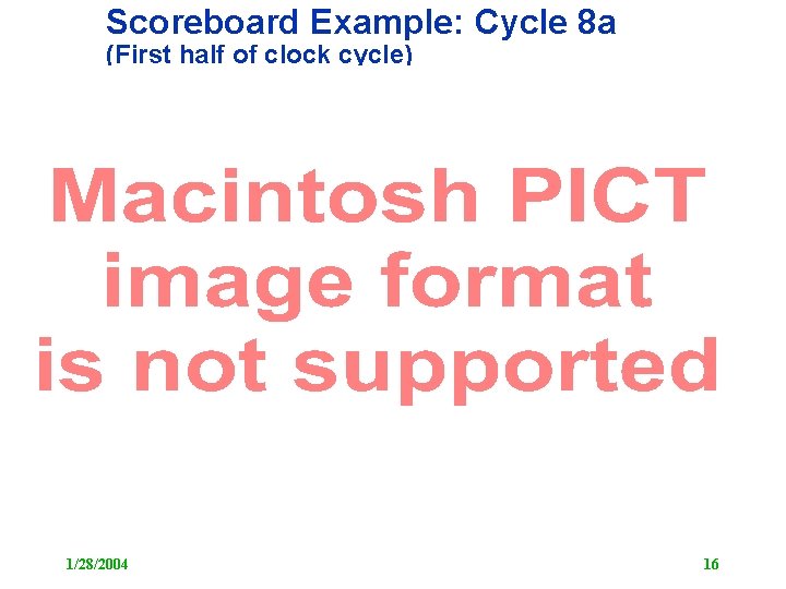 Scoreboard Example: Cycle 8 a (First half of clock cycle) 1/28/2004 16 