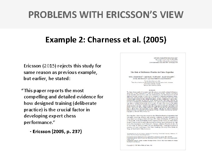 PROBLEMS WITH ERICSSON’S VIEW Example 2: Charness et al. (2005) Ericsson (2015) rejects this