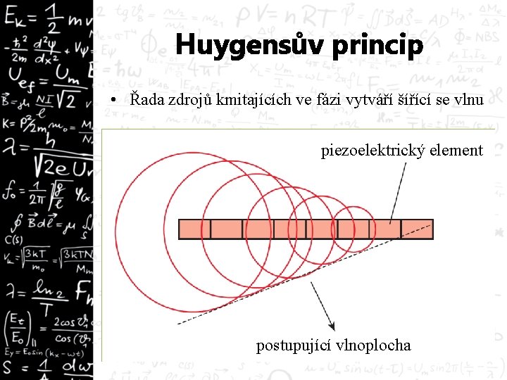 Huygensův princip • Řada zdrojů kmitajících ve fázi vytváří šířící se vlnu piezoelektrický element