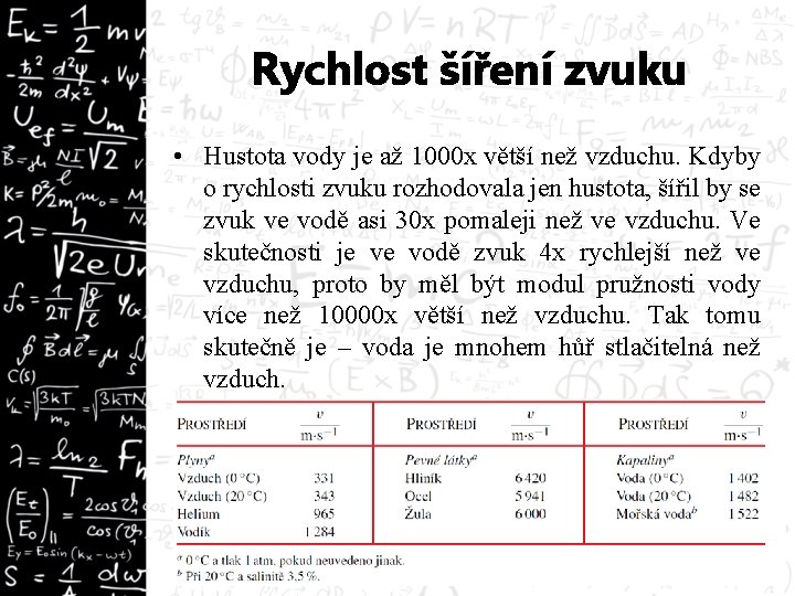 Rychlost šíření zvuku • Hustota vody je až 1000 x větší než vzduchu. Kdyby