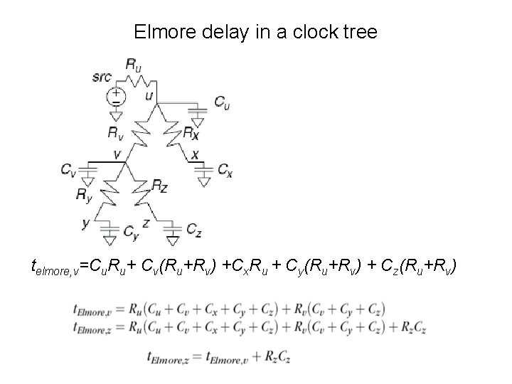 Elmore delay in a clock tree telmore, v=Cu. Ru+ Cv(Ru+Rv) +Cx. Ru + Cy(Ru+Rv)