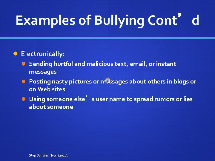 Examples of Bullying Cont’d Electronically: Sending hurtful and malicious text, email, or instant messages