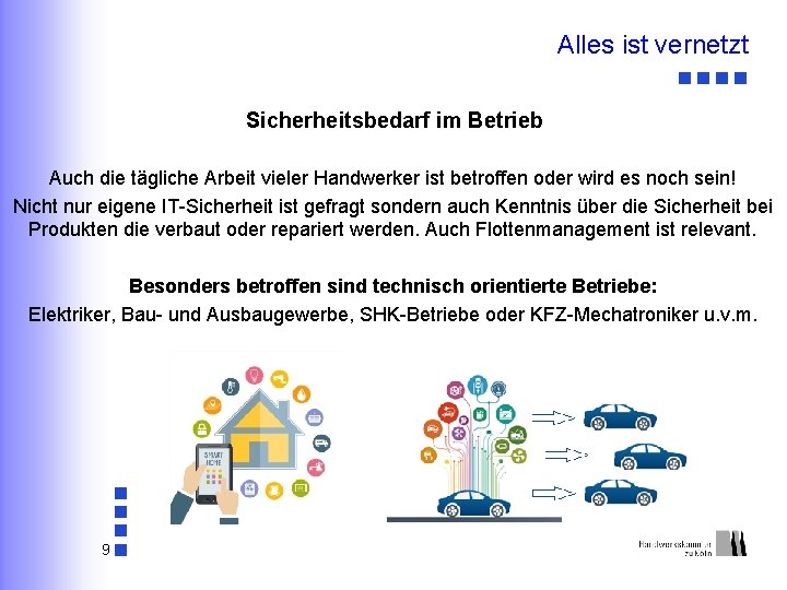 Alles ist vernetzt Sicherheitsbedarf im Betrieb Auch die tägliche Arbeit vieler Handwerker ist betroffen