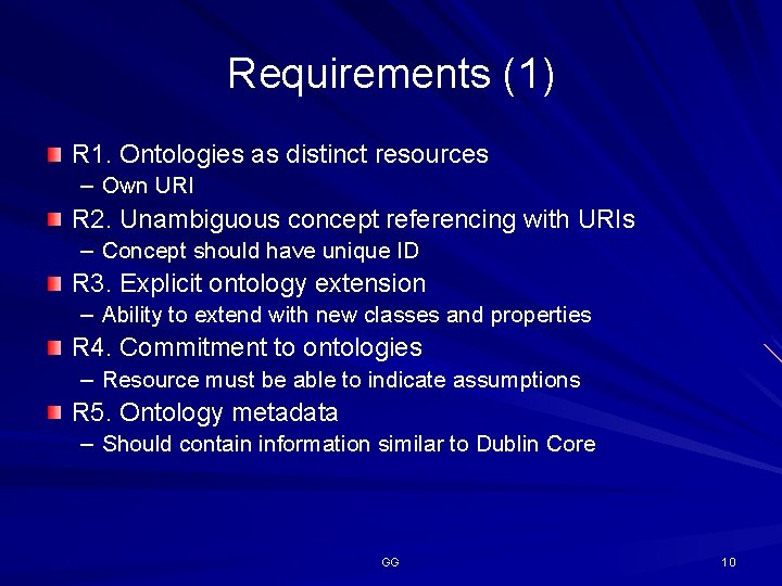 Requirements (1) R 1. Ontologies as distinct resources – Own URI R 2. Unambiguous