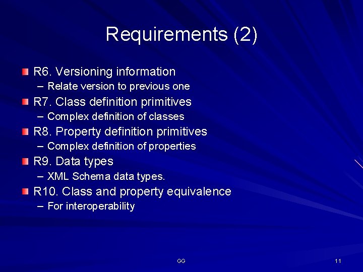 Requirements (2) R 6. Versioning information – Relate version to previous one R 7.