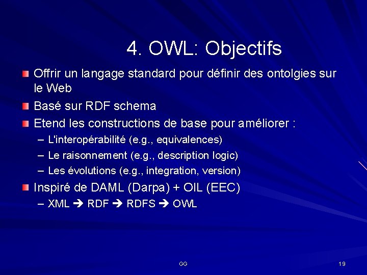 4. OWL: Objectifs Offrir un langage standard pour définir des ontolgies sur le Web
