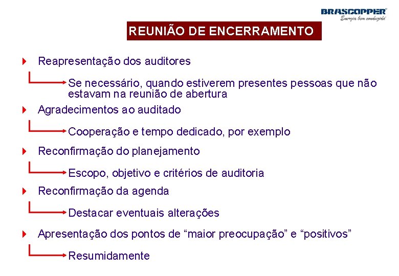 REUNIÃO DE ENCERRAMENTO 4 Reapresentação dos auditores Se necessário, quando estiverem presentes pessoas que