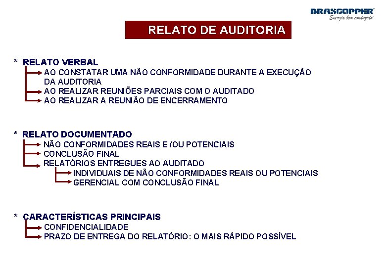 RELATO DE AUDITORIA * RELATO VERBAL AO CONSTATAR UMA NÃO CONFORMIDADE DURANTE A EXECUÇÃO