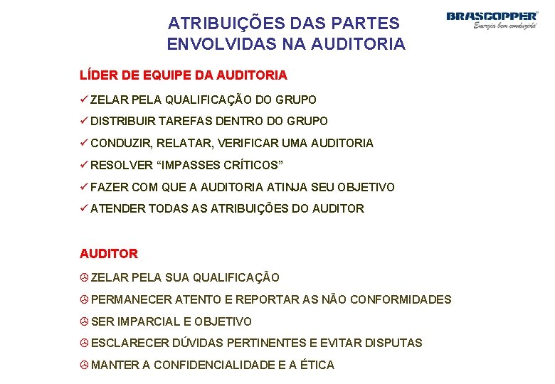 ATRIBUIÇÕES DAS PARTES ENVOLVIDAS NA AUDITORIA LÍDER DE EQUIPE DA AUDITORIA ü ZELAR PELA