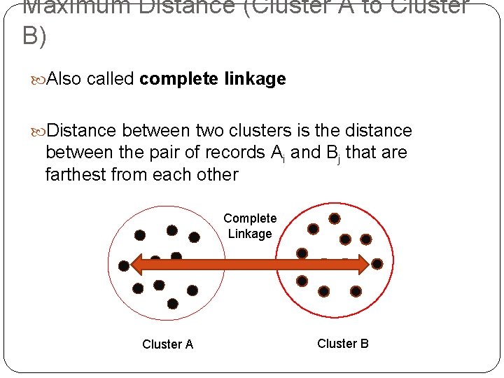 Maximum Distance (Cluster A to Cluster B) Also called complete linkage Distance between two