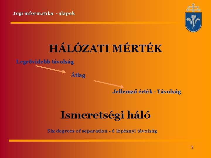 Jogi informatika - alapok HÁLÓZATI MÉRTÉK Legrövidebb távolság Átlag Jellemző érték - Távolság Ismeretségi