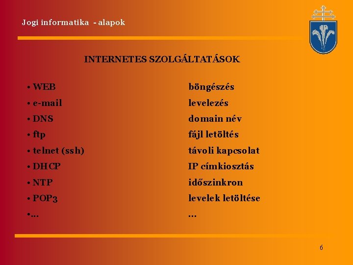 Jogi informatika - alapok INTERNETES SZOLGÁLTATÁSOK • WEB böngészés • e-mail levelezés • DNS