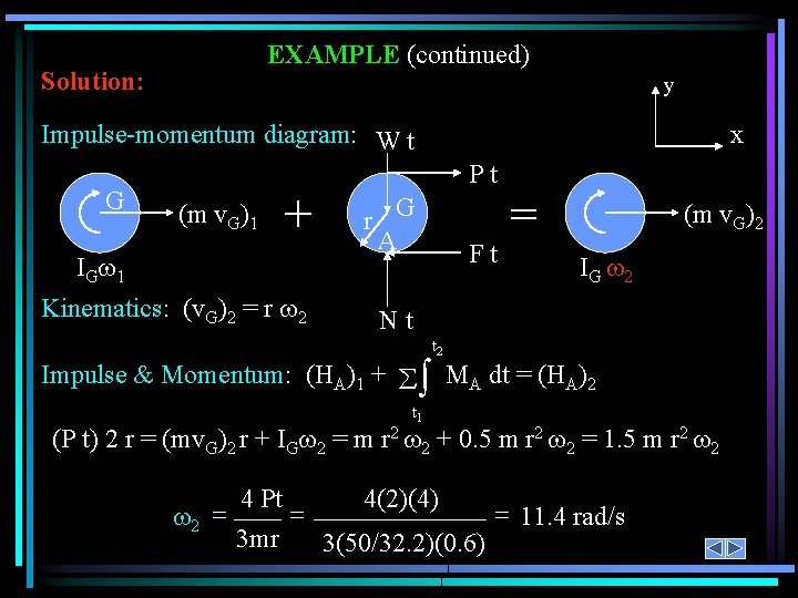 EXAMPLE (continued) Solution: y Impulse-momentum diagram: W t G (m v. G)1 + IG