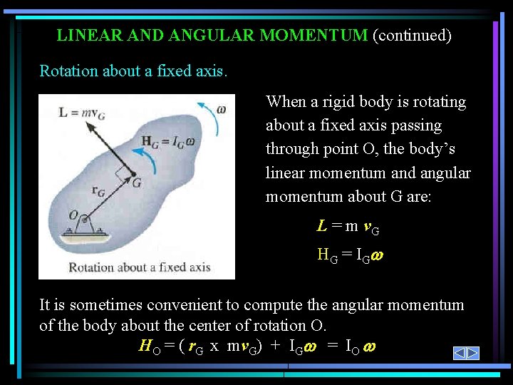 LINEAR AND ANGULAR MOMENTUM (continued) Rotation about a fixed axis. When a rigid body