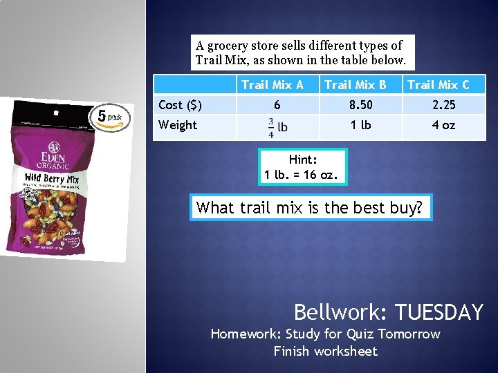 A grocery store sells different types of Trail Mix, as shown in the table