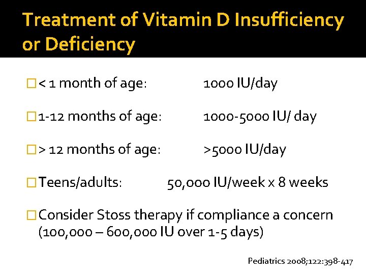 Treatment of Vitamin D Insufficiency or Deficiency �< 1 month of age: 1000 IU/day