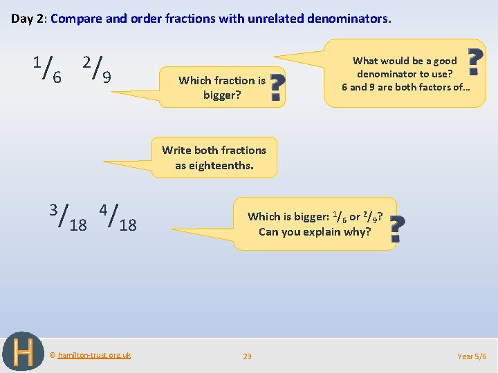 Day 2: Compare and order fractions with unrelated denominators. 1/ 6 2/ 9 Which