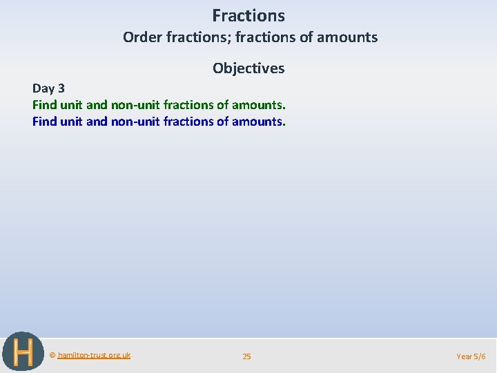 Fractions Order fractions; fractions of amounts Objectives Day 3 Find unit and non-unit fractions Fractions Order fractions; fractions of amounts Objectives Day 3 Find unit and non-unit fractions