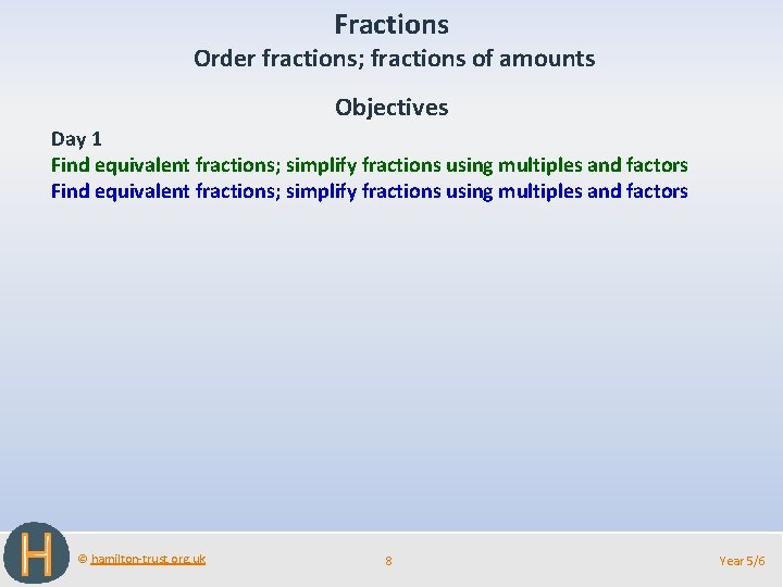 Fractions Order fractions; fractions of amounts Objectives Day 1 Find equivalent fractions; simplify fractions