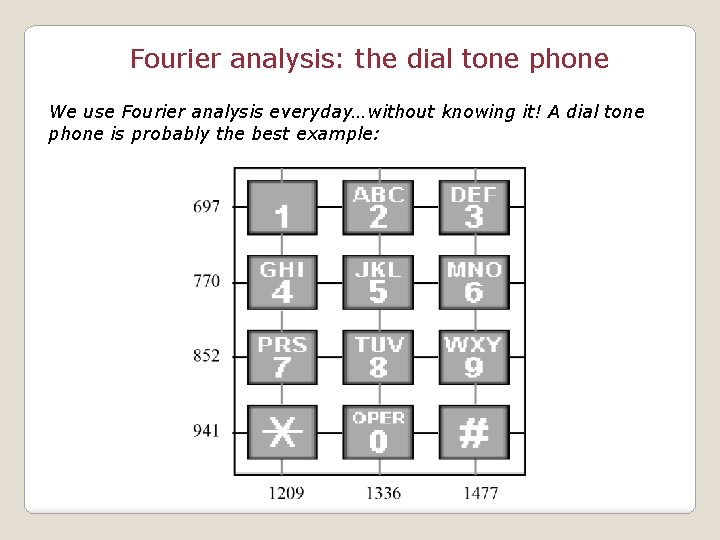 Fourier analysis: the dial tone phone We use Fourier analysis everyday…without knowing it! A