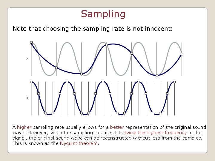 Sampling Note that choosing the sampling rate is not innocent: A higher sampling rate