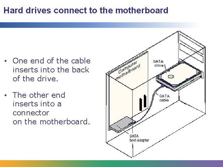 Hard drives connect to the motherboard • One end of the cable inserts into Hard drives connect to the motherboard • One end of the cable inserts into