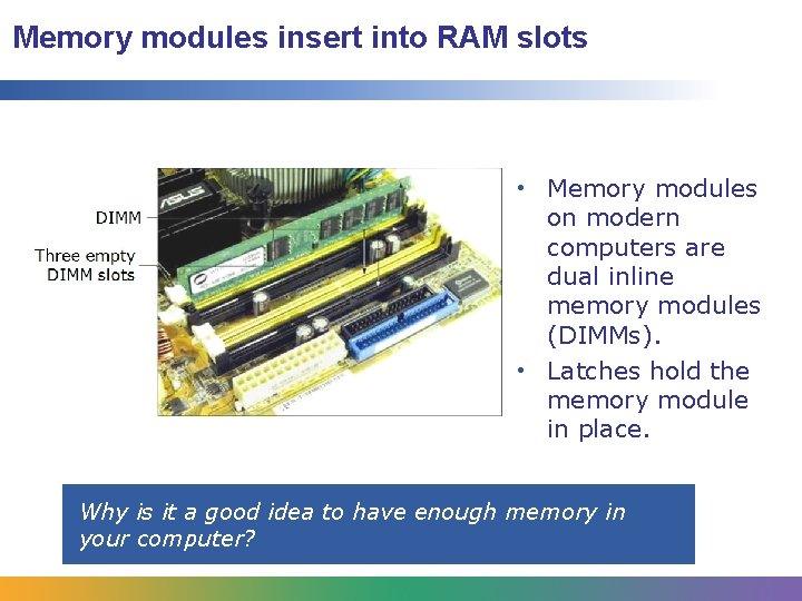 Memory modules insert into RAM slots • Memory modules on modern computers are dual Memory modules insert into RAM slots • Memory modules on modern computers are dual