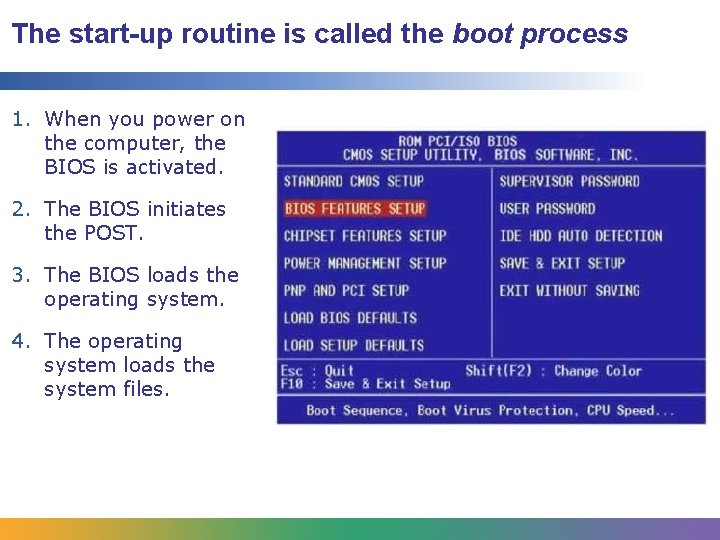 The start-up routine is called the boot process 1. When you power on the