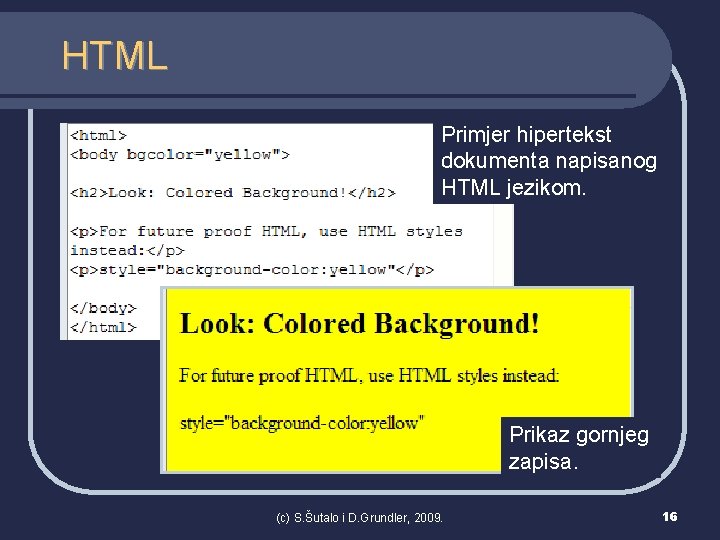 HTML Primjer hipertekst dokumenta napisanog HTML jezikom. Prikaz gornjeg zapisa. (c) S. Šutalo i