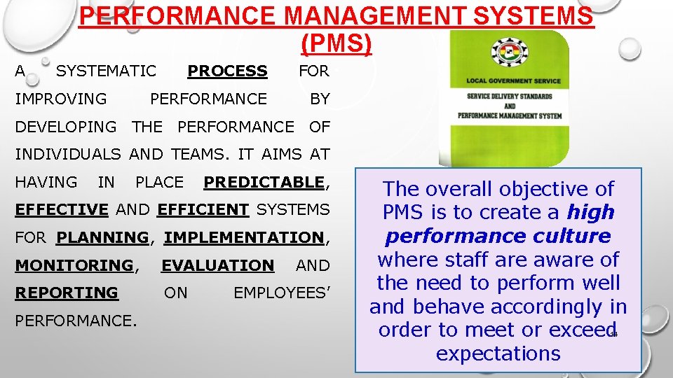 PERFORMANCE MANAGEMENT SYSTEMS (PMS) A SYSTEMATIC IMPROVING PROCESS FOR PERFORMANCE BY DEVELOPING THE PERFORMANCE
