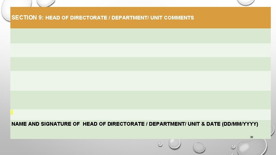  SECTION 9: HEAD OF DIRECTORATE / DEPARTMENT/ UNIT COMMENTS NAME AND SIGNATURE OF