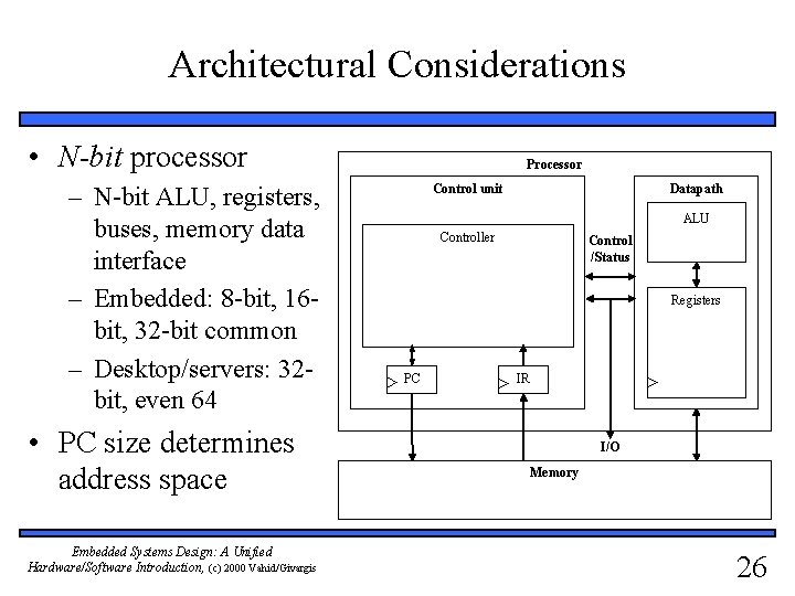 Architectural Considerations • N-bit processor – N-bit ALU, registers, buses, memory data interface –