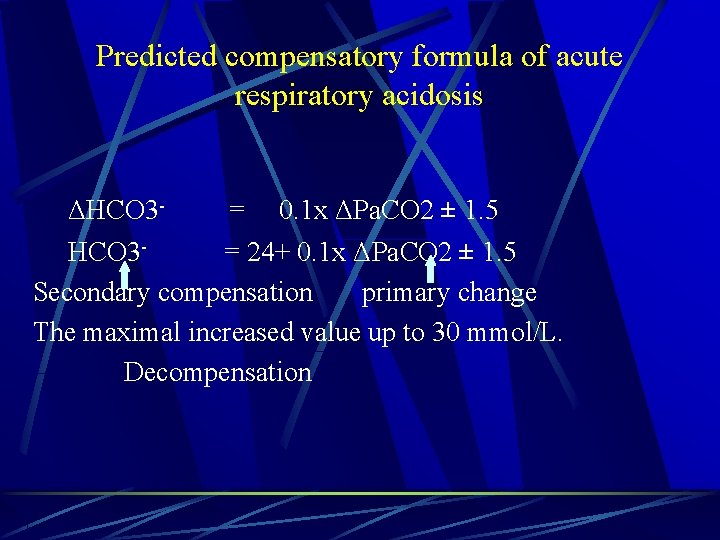 Predicted compensatory formula of acute respiratory acidosis ΔHCO 3 - = 0. 1 x