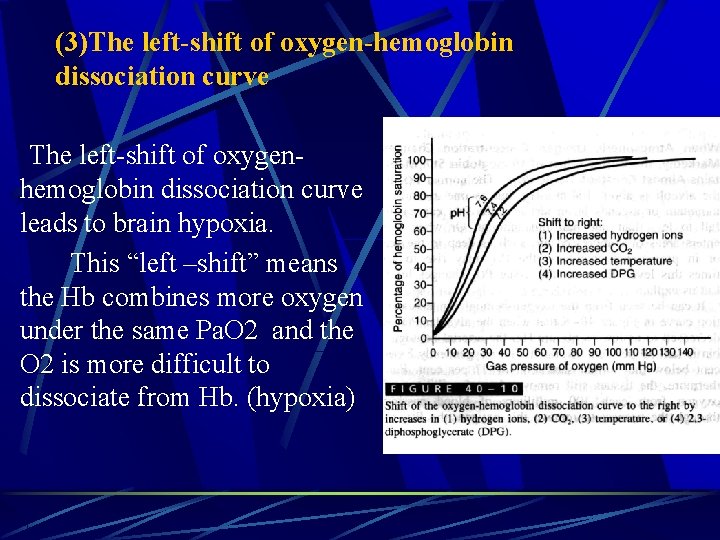 (3)The left-shift of oxygen-hemoglobin dissociation curve The left-shift of oxygen- hemoglobin dissociation curve leads