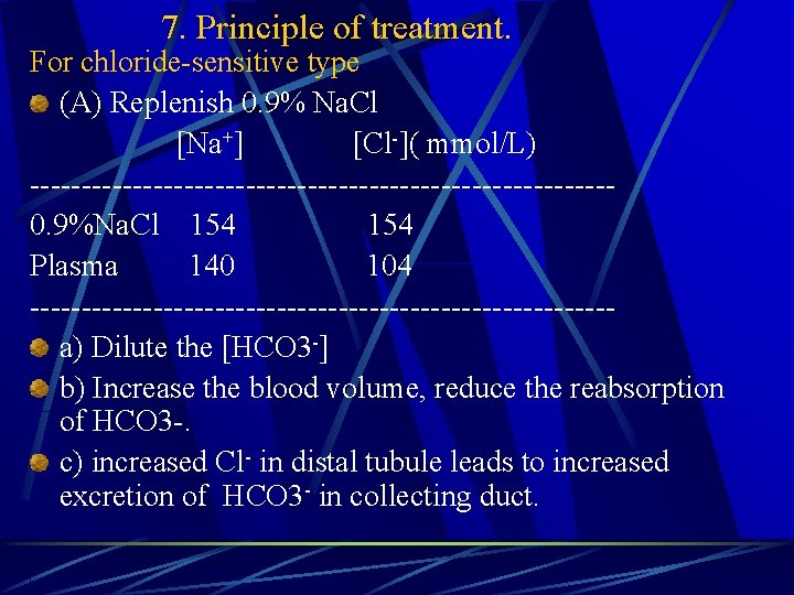7. Principle of treatment. For chloride-sensitive type (A) Replenish 0. 9% Na. Cl [Na+]